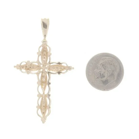 Yellow Gold Diamond Scalloped Cross Pendant - 10k Single .20ctw Faith